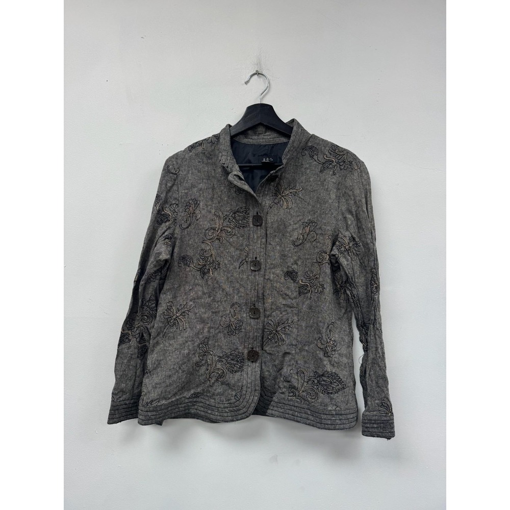VTG RQT Blazer Womens 14 Gray Linen Blend Embroidered Floral Button Front Jacket
